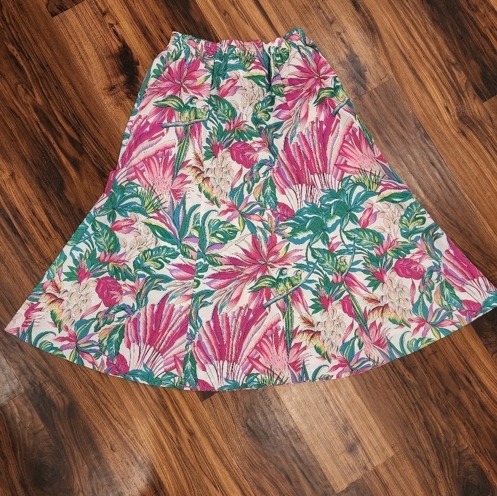 Vtg Pykettes Hawaiian Floral Bird Midi Skirt with Pockets